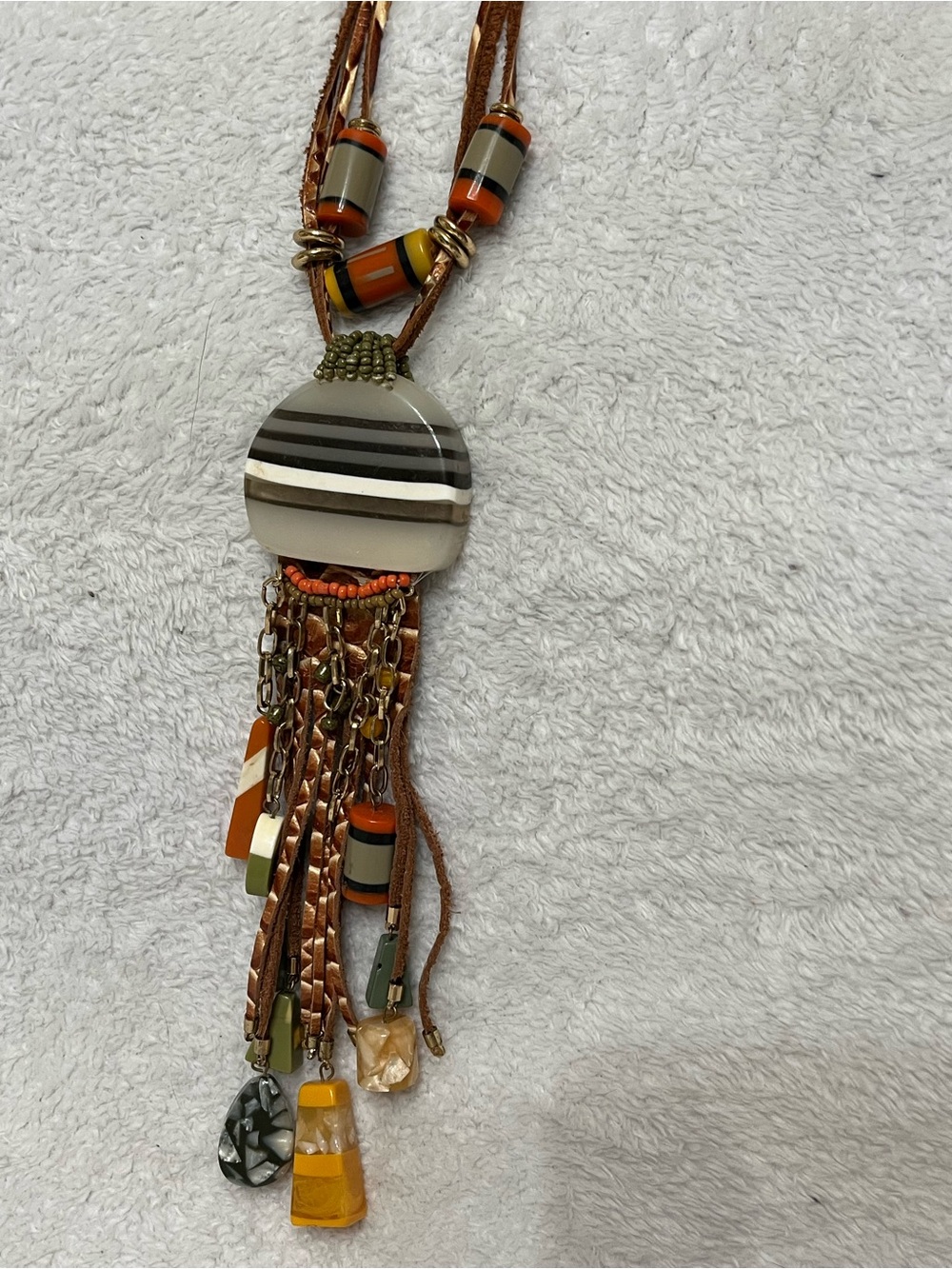 Boho Artisan Resin Beaded Leather Statement Necklace Tassel Pendant
